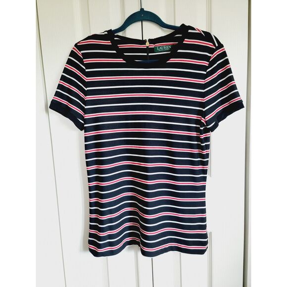 Lauren Ralph Lauren L Shirt Women's R/W/B Striped Short Sleeve Pullover Rear Zip - Picture 1 of 6
